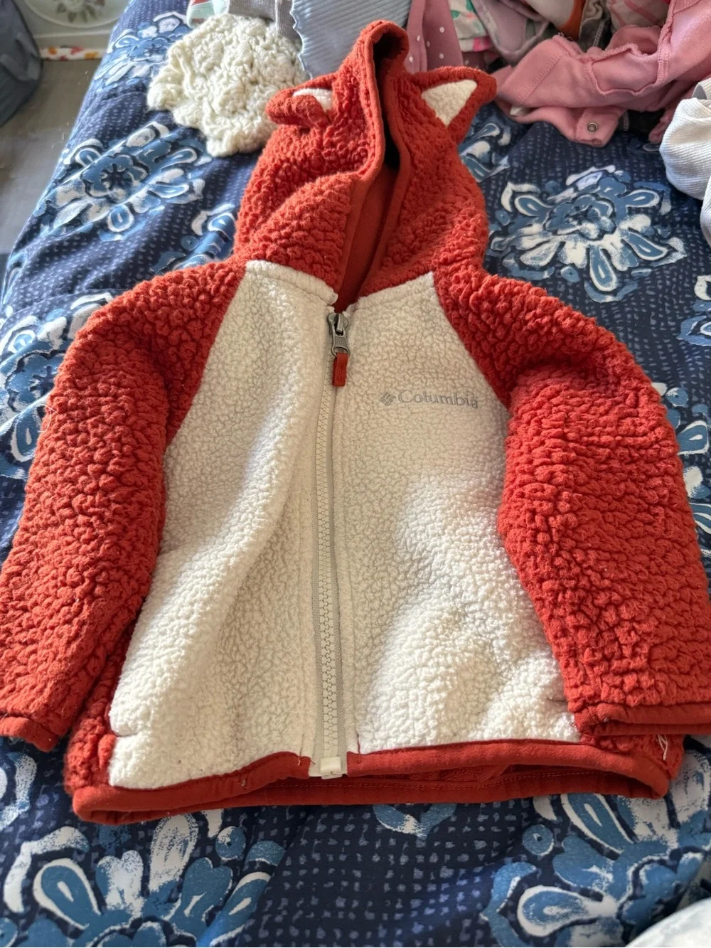 Columbia Kids Red and Cream Sherpa Zip Hoodie with Fox-Ear Hood